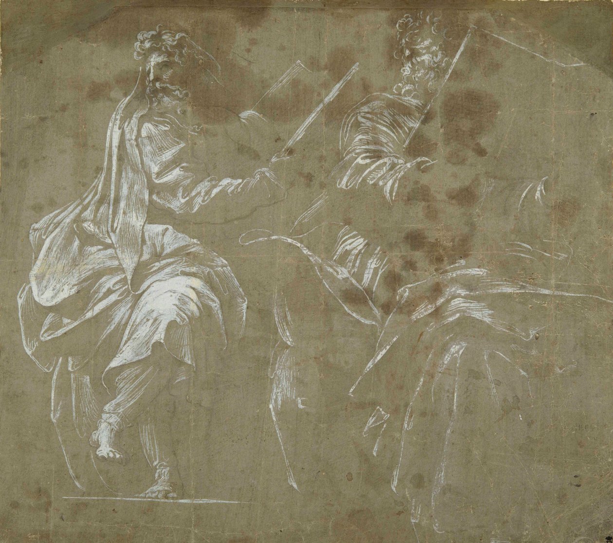 Két szakállas próféta ül, kezében nyitott könyvek (szürke papíron fehér testszín) alkotó: Polidoro da Caravaggio