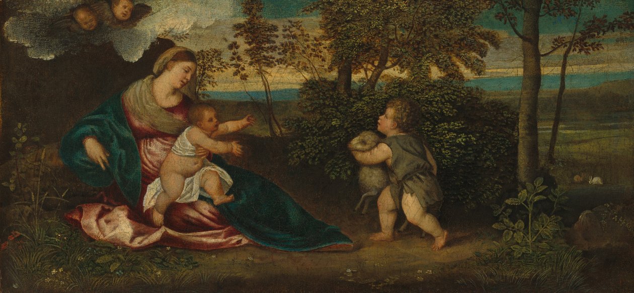 Madonna és a gyermek és a csecsemő Szent János egy tájban, 15401550. alkotó: Polidoro da Lanciano