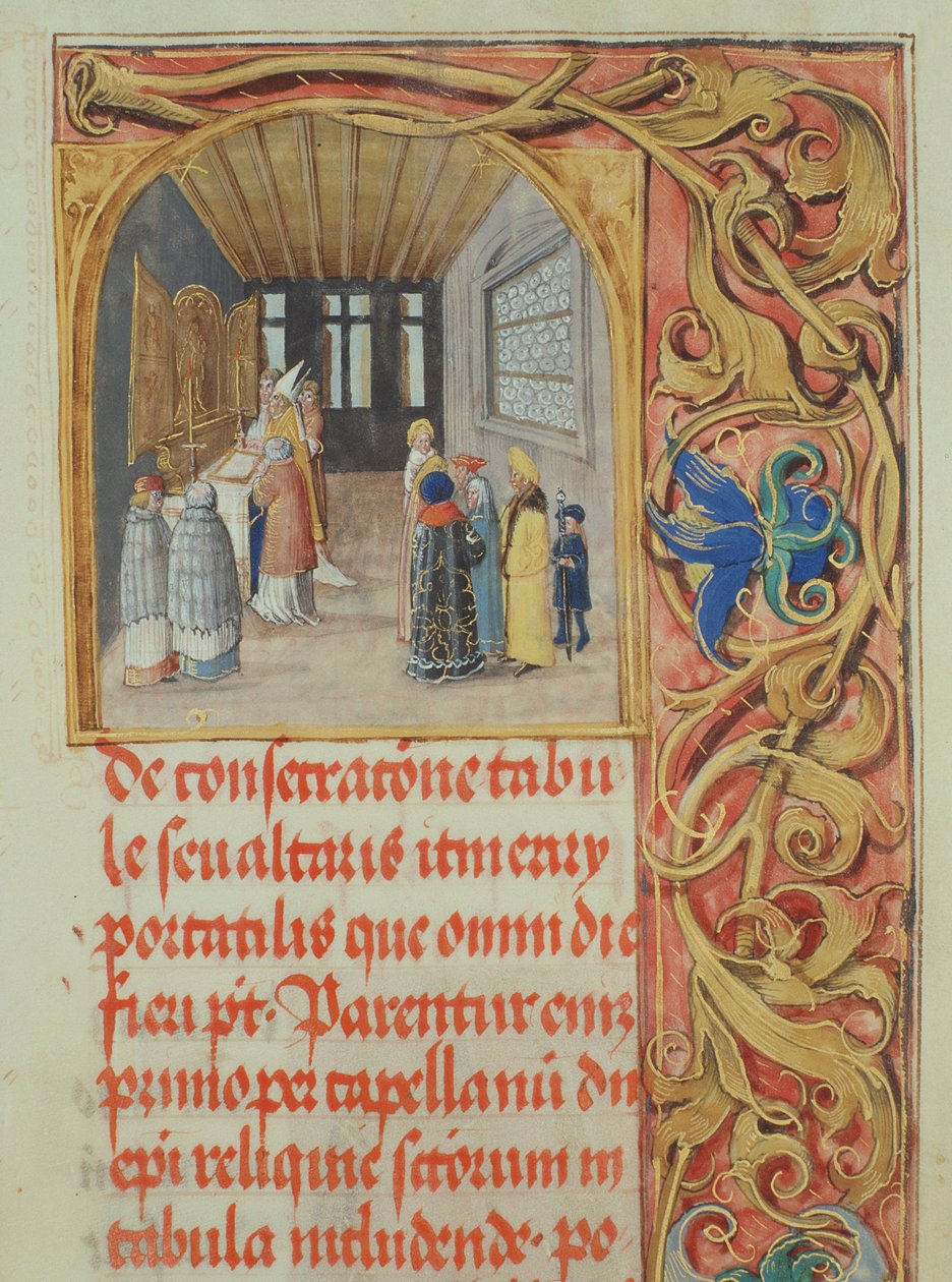 Oltárszentelés a püspök által kanonokok és világi alapítók segítségével Erasmus Ciolek püspök pápajától, 1510 körül (tempera és arany pergamen) alkotó: Polish School