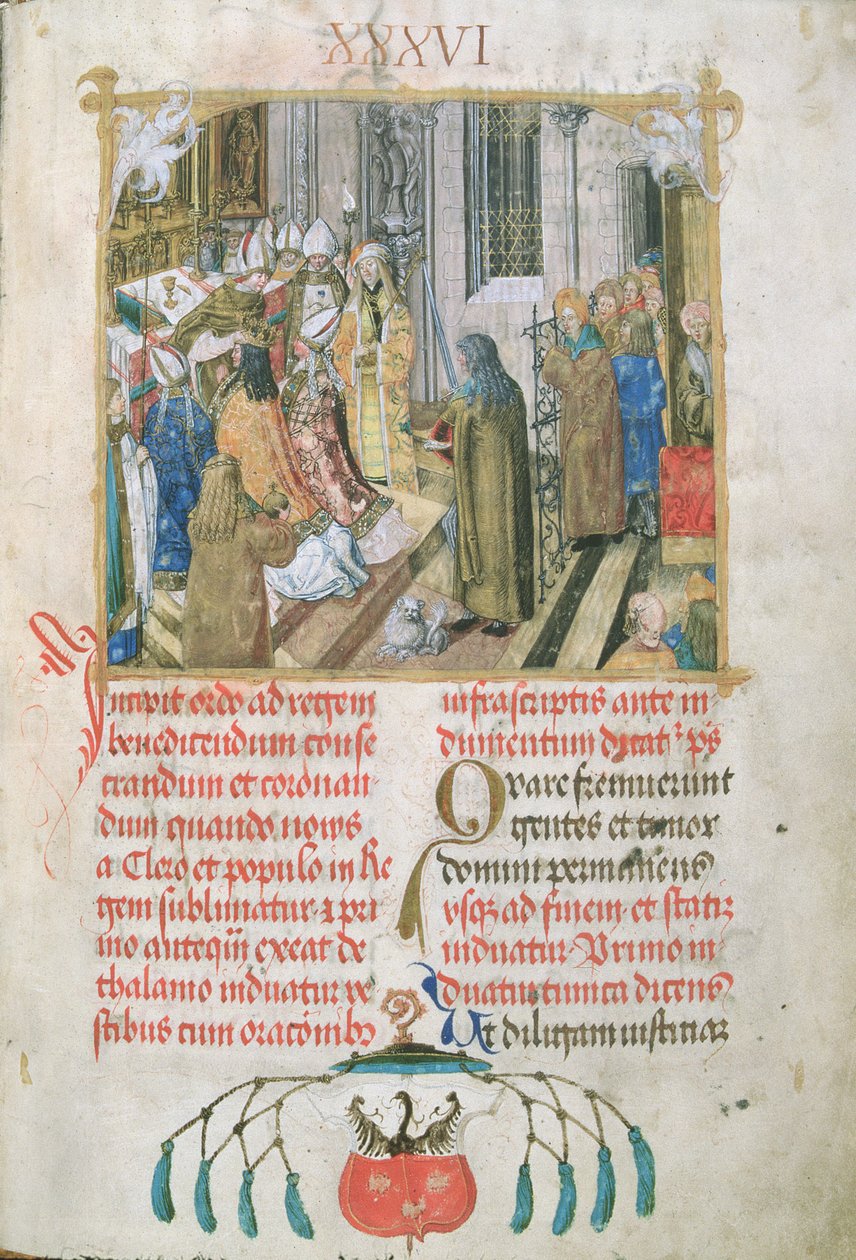 A lengyel király megkoronázása Erasmus Ciolek püspök pápája hatalmi jelvényének átadásával, 1510 körül (tempera és arany pergamen) alkotó: Polish School