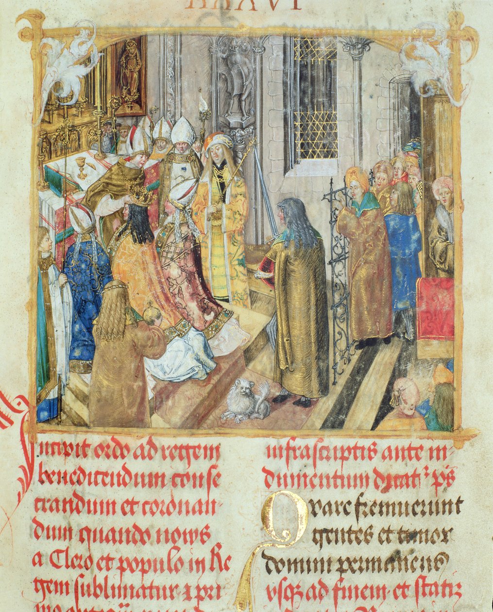 A lengyel király megkoronázása Erasmus Ciolek püspök pápától, 1510 körül (tempera és arany pergamen) alkotó: Polish School