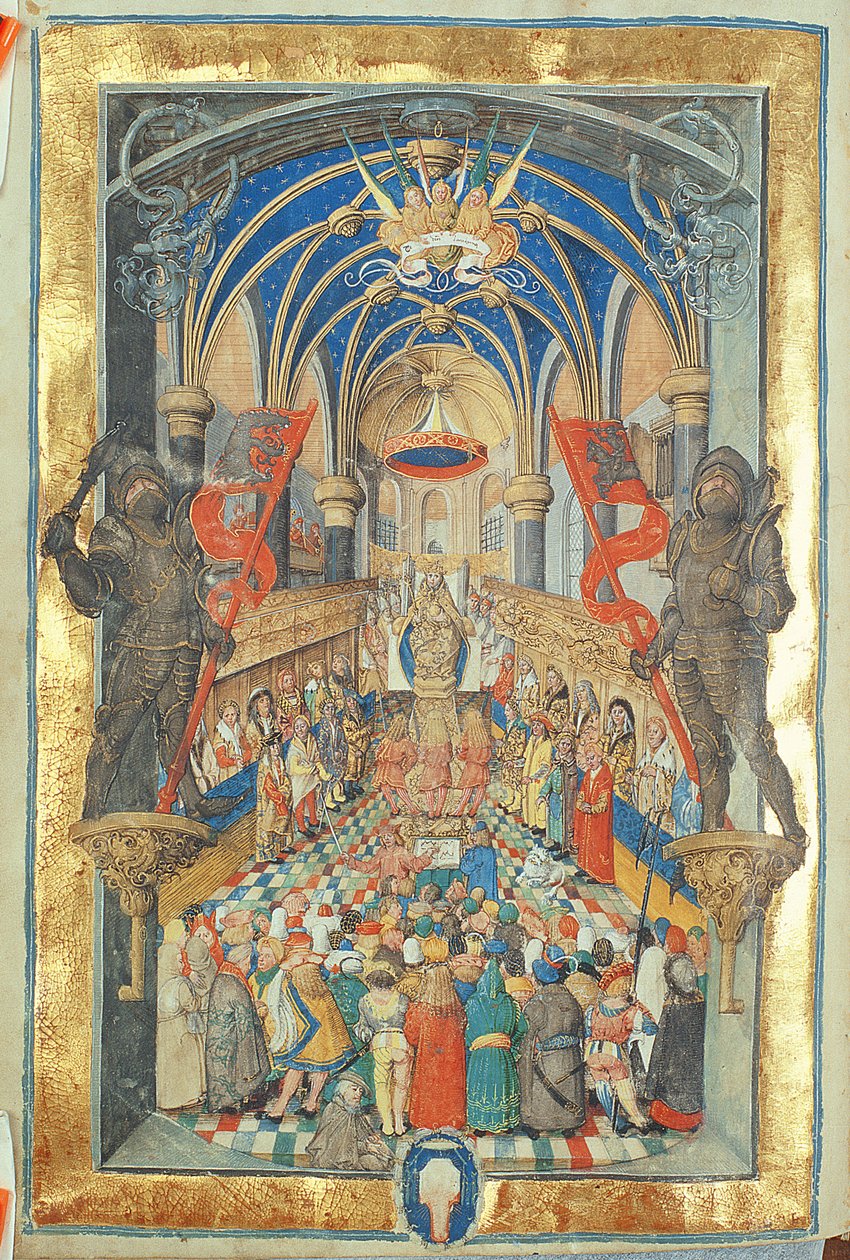 A lengyel király trónra lépése Erasmus Ciolek püspök pápától, 1510 körül (tempera és arany pergamen) alkotó: Polish School