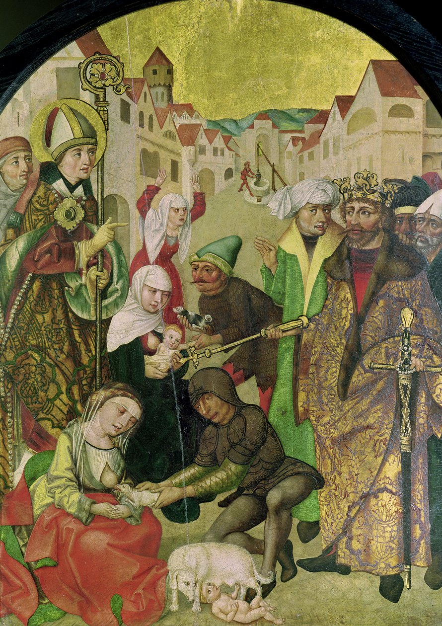 Szent Stanislas (1030-79) nézi a hűtlen feleségek megbüntetését II. Boleslas király (1039-81) tábla parancsa szerint a Szent Stanislas-oltárról alkotó: Polish School