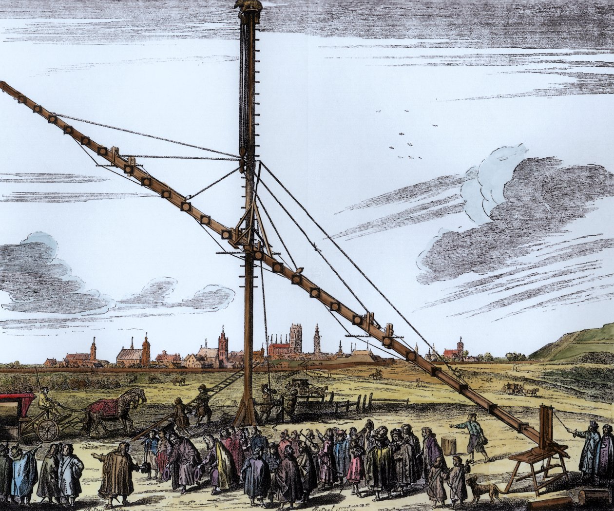 Johannes Hevelius nagy csillagászati teleszkópja (1611-1687) illusztrációja a Machina Coelestisből, Hevelius, Gdansk, 1670-ben megjelent (későbbi színezés) alkotó: Polish School