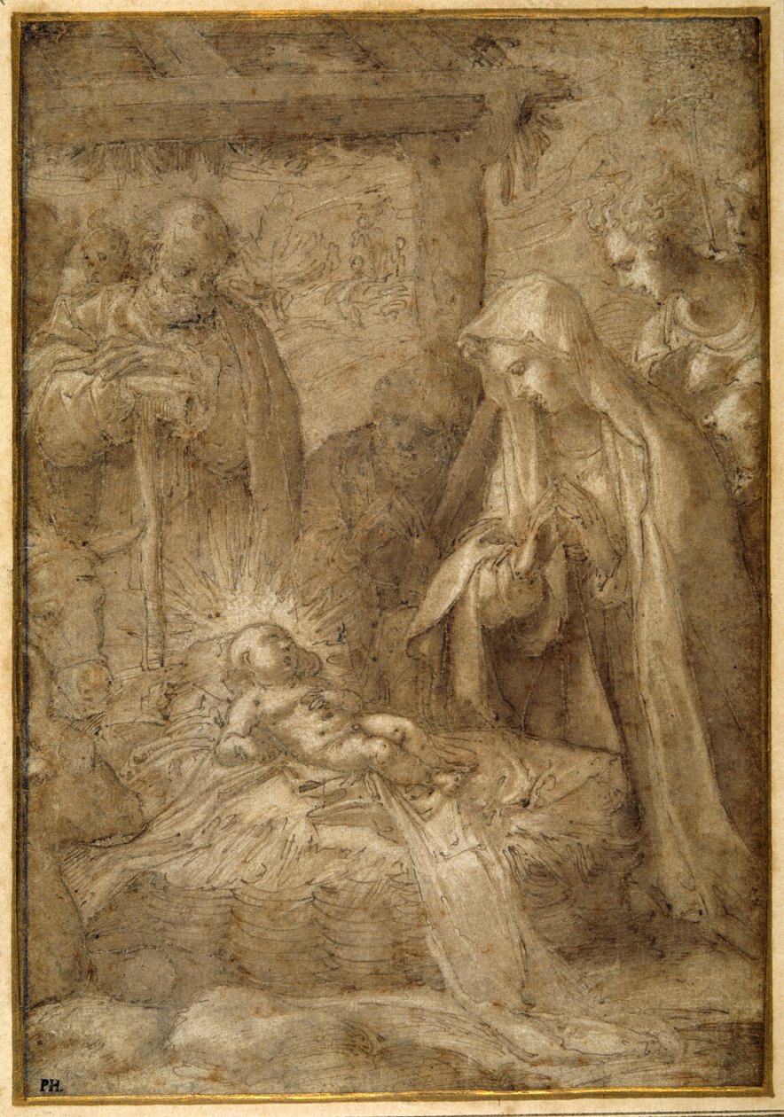 A Pásztorok imádása (fémhegy, toll és tinta mosással és gouache papíron) alkotó: Pompeo (fl.1569 71) (attr. to) Cesura