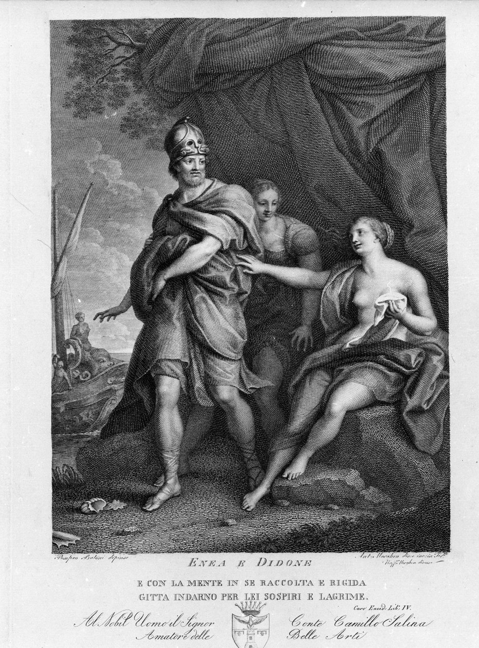 Eneide de Virgil (Kr. e. 70-i. e. 19), IV. könyv, a trójai hős Enee elhagyja Didont, aki kétségbeesett öngyilkos lett. Metszet Pompeo Batoni (1708-1787) festménye után alkotó: Pompeo Girolamo (after) Batoni