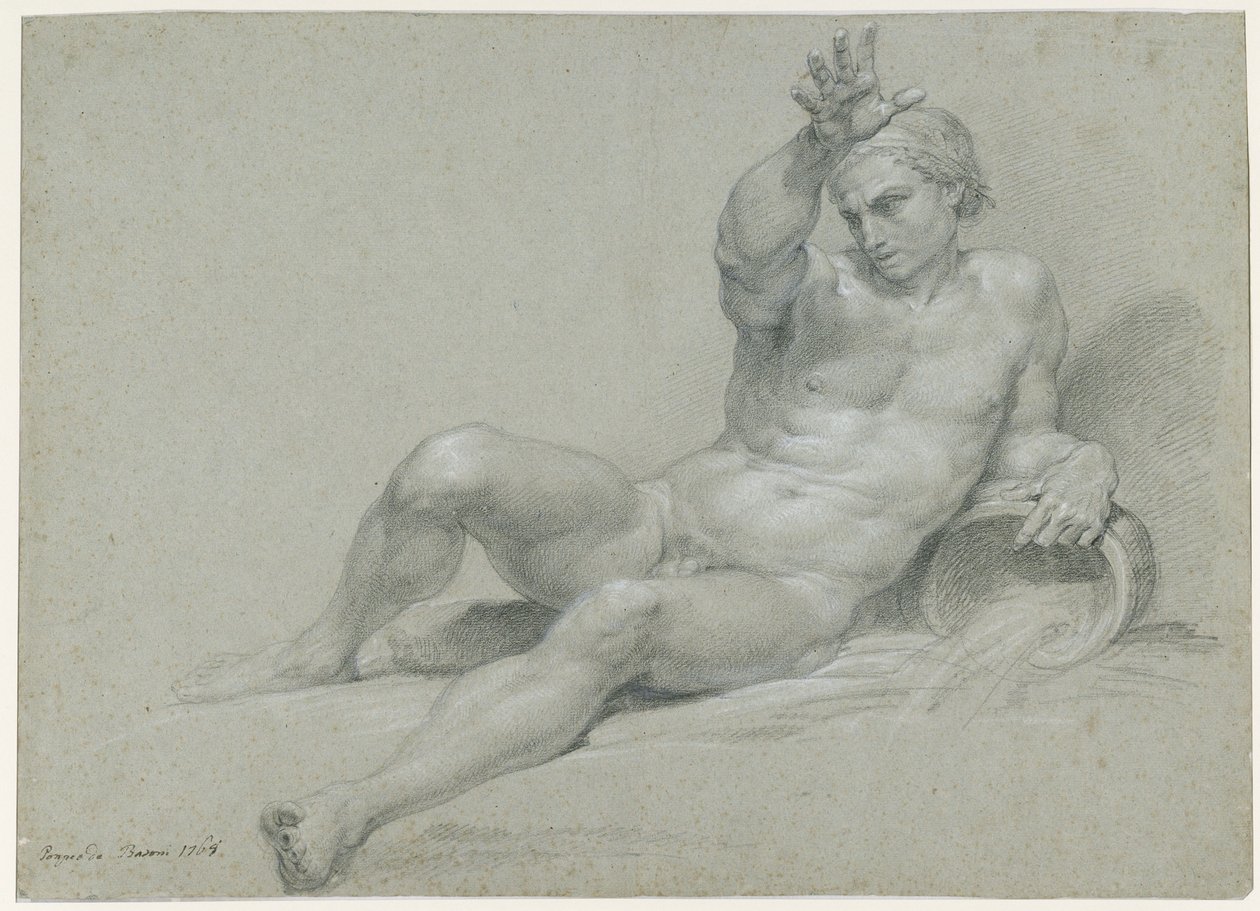 Fekvő férfimodell akt tanulmánya, felemelt jobb karral, antik folyóisten pózában, balról, ferde nézetben alkotó: Pompeo Girolamo Batoni