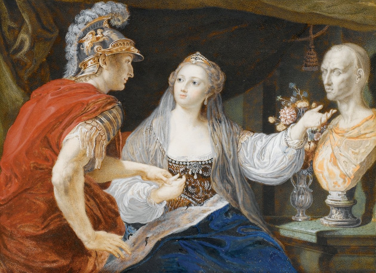 Kleopátra megmutatja Octaviusnak Caesar mellszobrát alkotó: Pompeo Girolamo Batoni