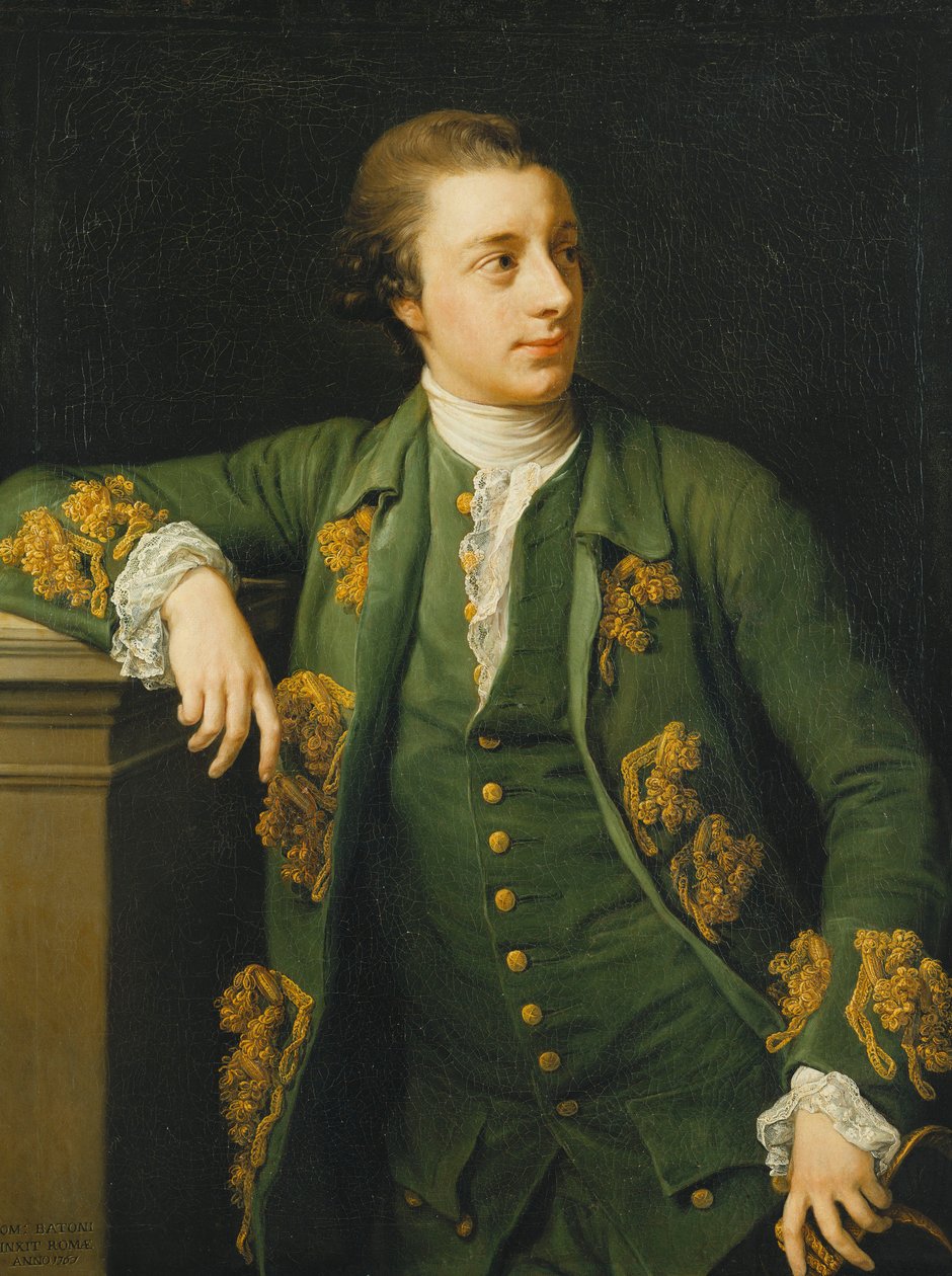 Thomas Fortescue portréja, M. P., háromnegyed hosszúságú, zöld kabátot és mellényt visel, jobb karját talapzatra támasztja, bal kezében háromszarvú kalapot tart, 1767 alkotó: Pompeo Girolamo Batoni