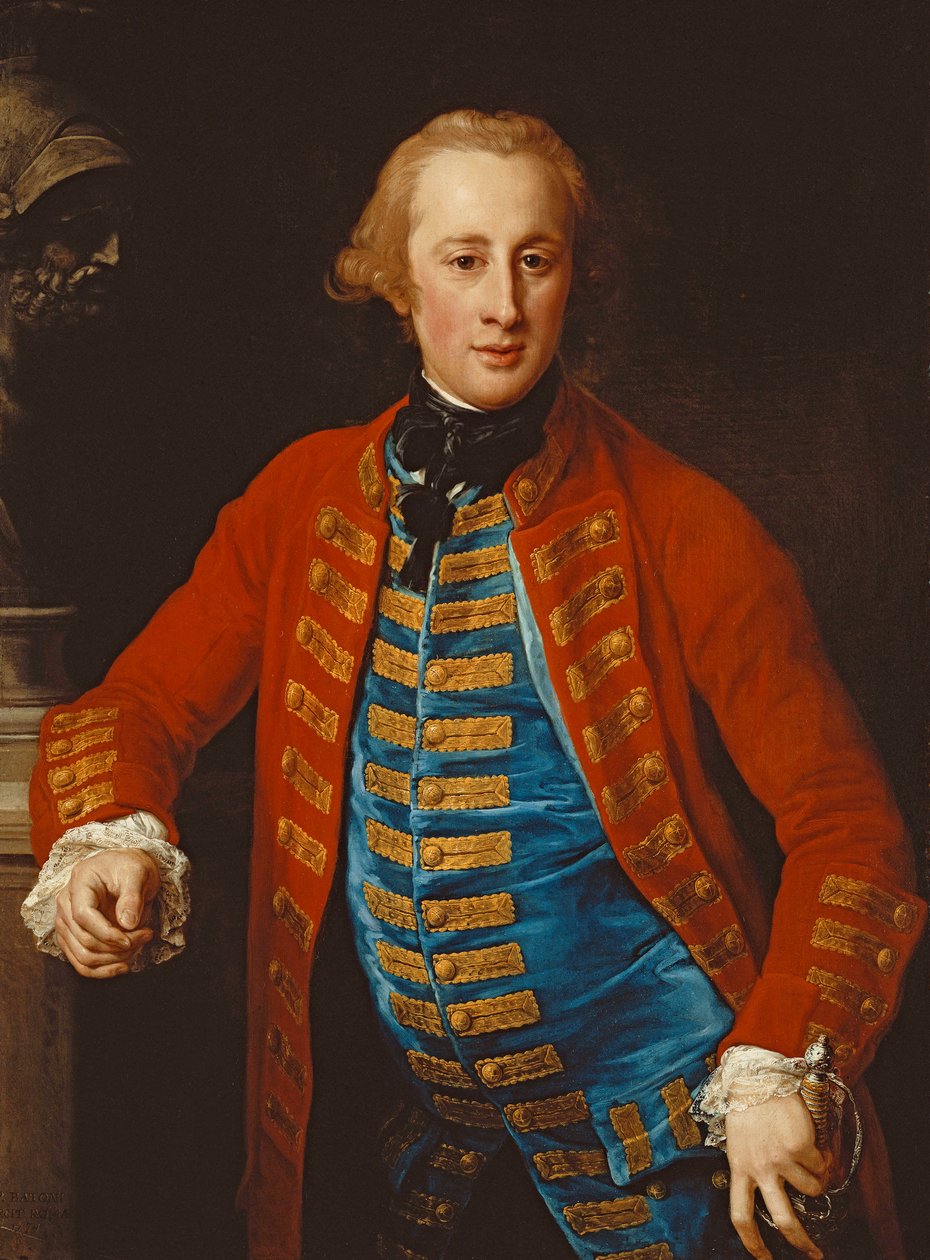Egy lovassági tiszt portréja sétálóruhában, háromnegyed hosszú, egy talapzatra támaszkodva a Mars mellszobra mellett, 1774 alkotó: Pompeo Girolamo Batoni