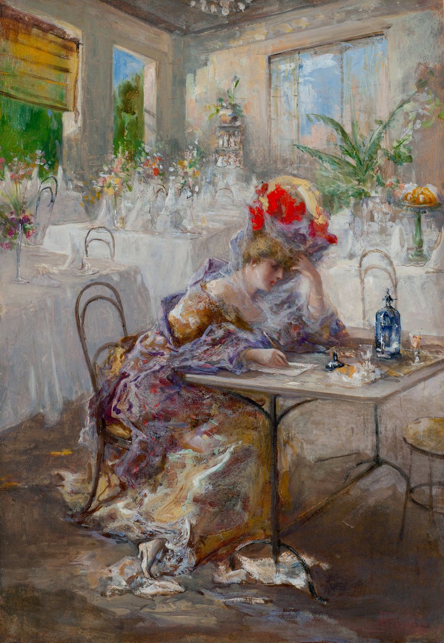 Mariani, Pompeo (1857-1927) levél (vagy hölgy a kávézóban). Olaj, karton, mérete: 49x34 alkotó: Pompeo Mariani