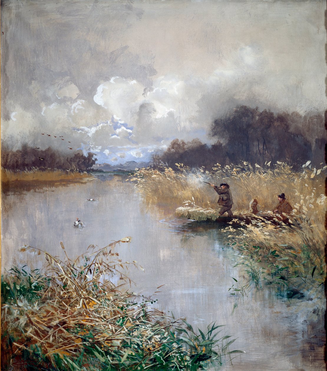 Pompeo Mariani (1857-1927) kacsavadász festménye 1898 V. 115x100 cm Genes, Galleria d