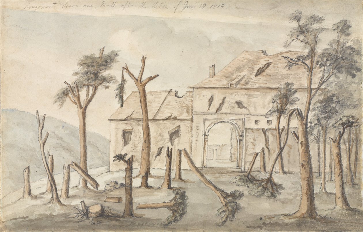 Hougoumont egy hónappal az 1815. június 18-i akció után, 1815. július (ceruza és WC papíron) alkotó: Ponsonby