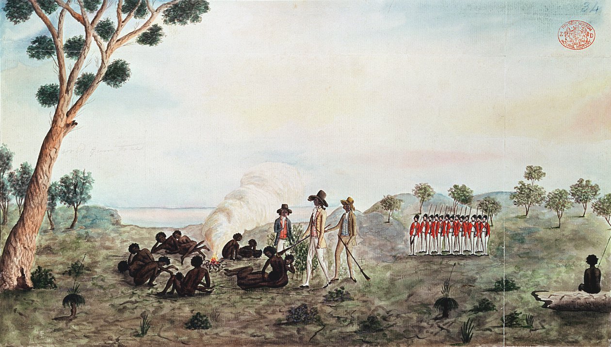 Mr White, Harris és Laing egy csapat katonával, akik meglátogatták a Botany Bay Colebee-t azon a helyen, amikor megsebesültek a Botany Bay közelében, 1790 körül alkotó: Port Jackson Painter