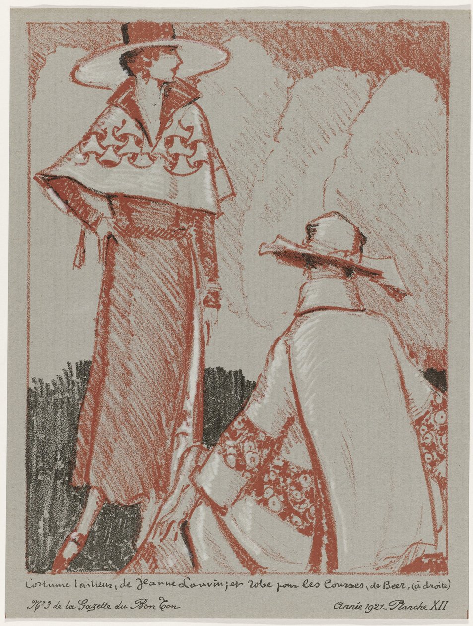 Gazette du Bon Ton, 1921 - 3. sz., XII. Pl.: Méretre szabott öltöny, Jeanne Lanvin; és vásárlási ruha, de Beer (cím a tárgyon) alkotó: Porter Woodruff