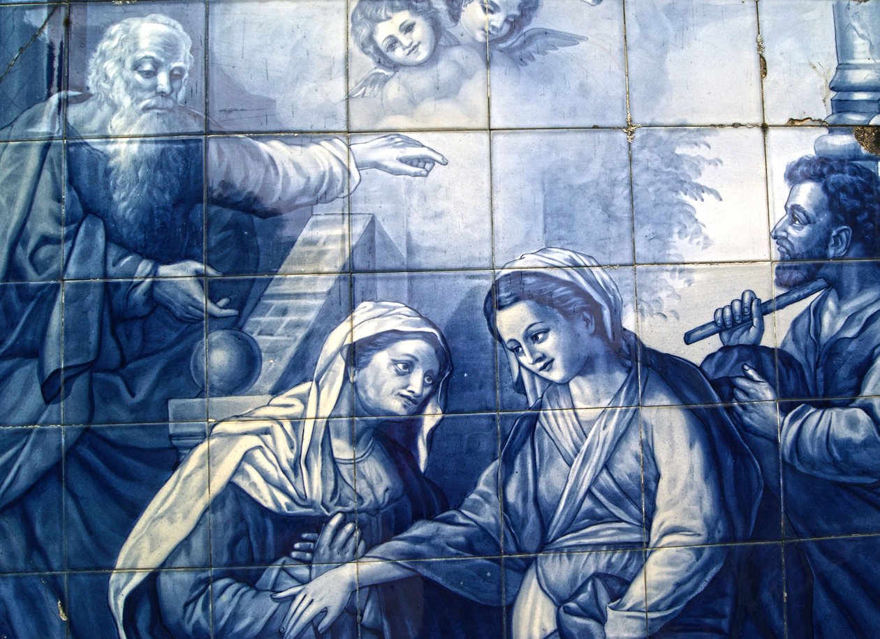 Dísztábla, amely Máriát és Józsefet ábrázolja, amint megérkeznek az Innbe, Lamegóba, Portugáliába. 1738 (kerámia csempe) alkotó: Portuguese School