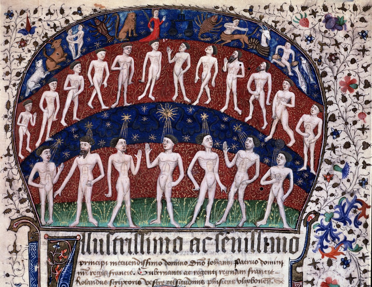 Lisszabon, MS 52-XIII-18 f.1r, miniatűr, amely a szervek és a bolygók közötti összefüggéseket, valamint a csillagok hangulatokra gyakorolt hatását mutatja be, Rolandus Scriptoris "Physionomia Rolandi Ulixbonensis"-ből alkotó: Portuguese School