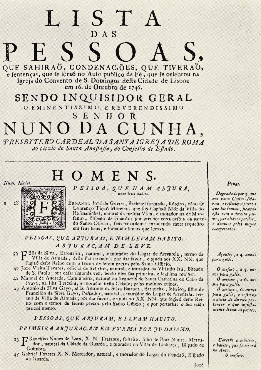 A lisszaboni Auto da Fe programja, 1746, Cecil Roth „A spanyol inkvizíció” című művéből, 1937-ben alkotó: Portuguese School