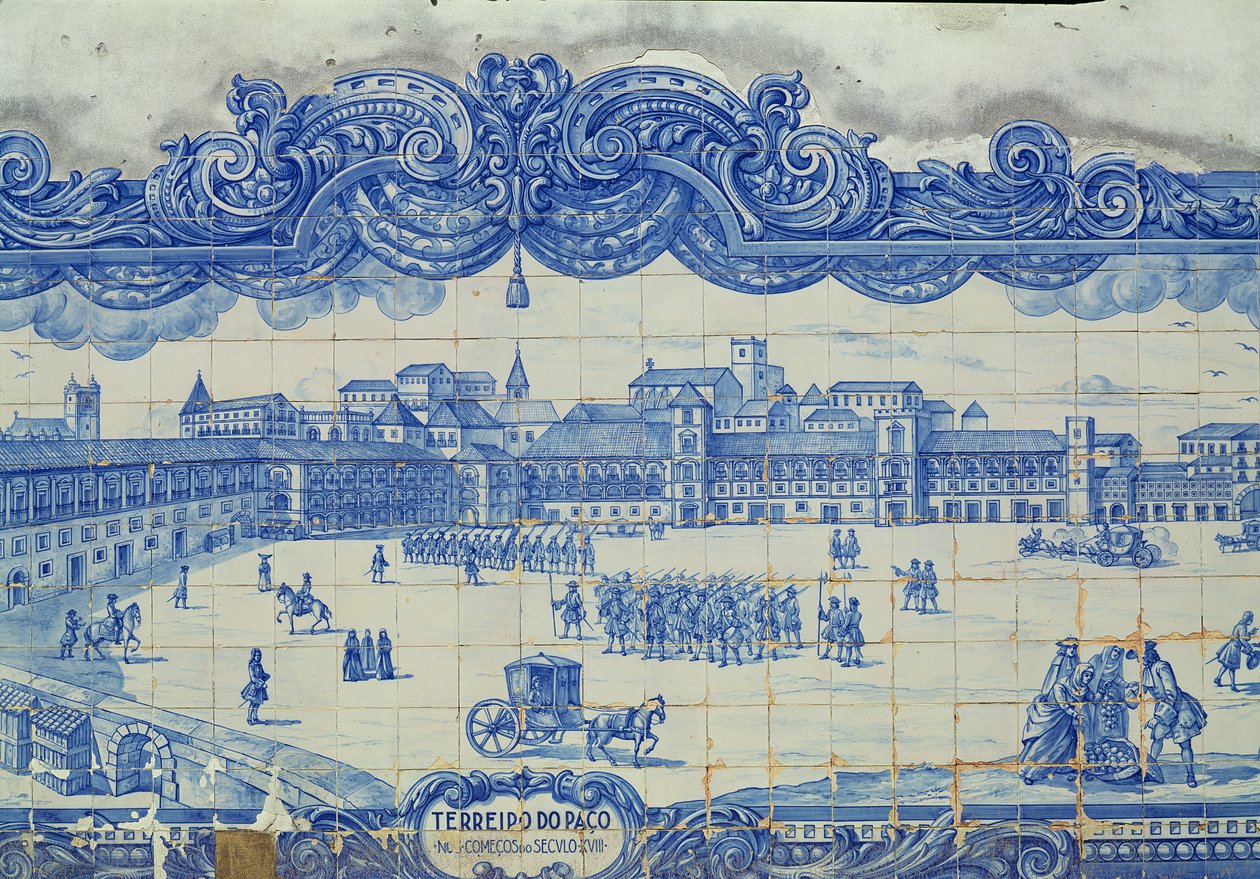 Azulejos csempék, amelyek a lisszaboni Praca do Comerciót ábrázolják (kerámia) alkotó: Portuguese School