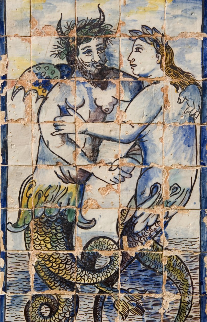 Tengeri élőlényeket ábrázoló Azulejos csempék a palota kertjében (kerámia) alkotó: Portuguese School