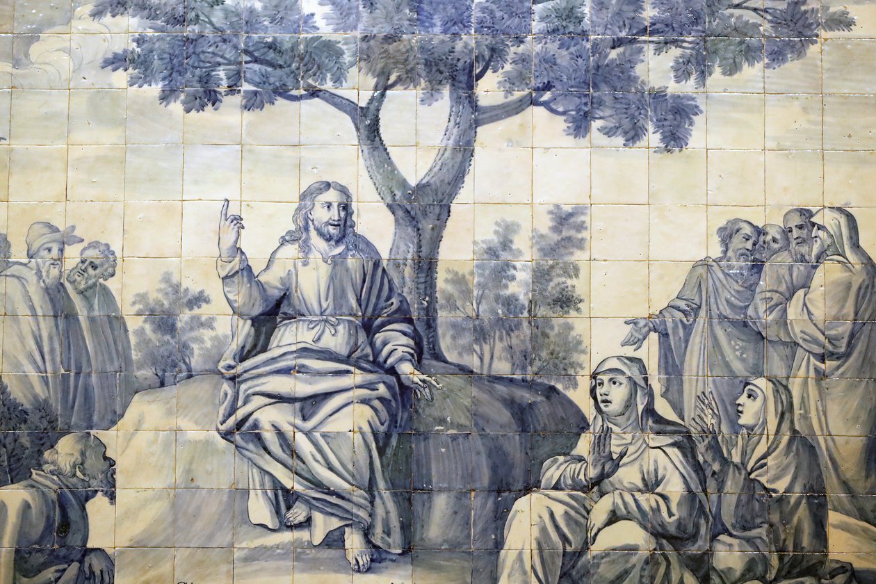 Irgalmasság temploma. Azulejos. A prédikáció a hegyről. Jézus. Evora. Portugália. alkotó: Portuguese School