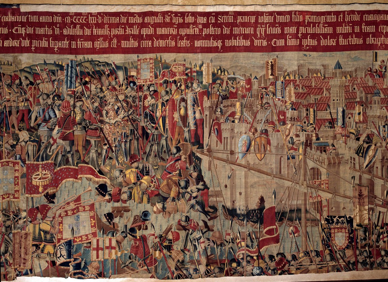 Afrika hódítása: „” Asilah (Arzila) elfoglalása Marokkóban 1471-ben a portugál flotta által””” A 16. századi portugál iskola gobelinjének töredéke. Lisszabon, Nemzeti Ókori Művészeti Múzeum alkotó: Portuguese School