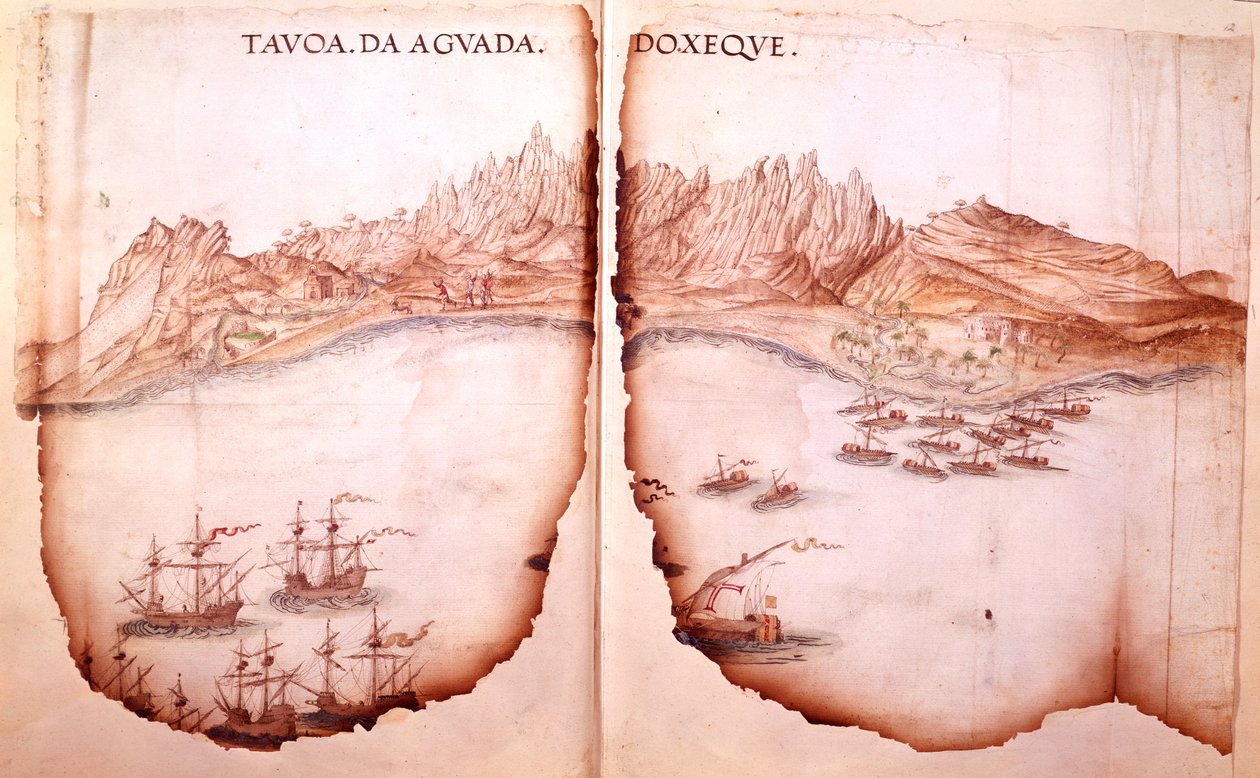 Cotton Tiberius D. IX, ff.11v-12 Aguada kilátása, illusztrációja Estevao de Gama „Egy Goa útja a Vörös-tengerig” című művéből alkotó: Portuguese School