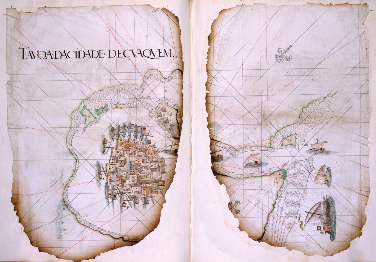 Cotton Tiberius D. IX, ff.36v-37 Cuaquem és a Perzsa-öböl, Estevao de Gama illusztrációja: „Egy utazás útiterve Indiából Szuezbe” alkotó: Portuguese School