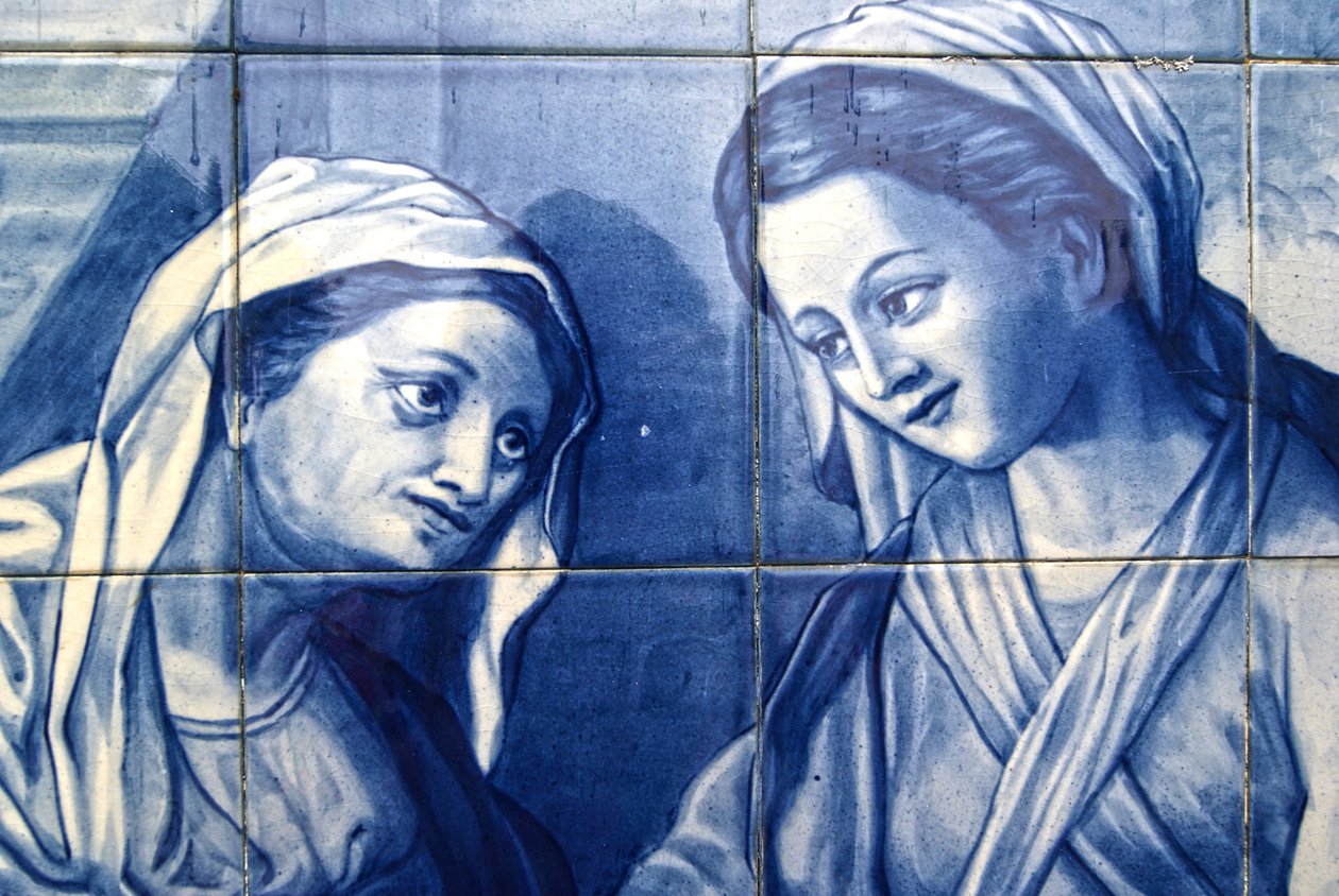 Részlet Mary találkozásáról a fogadós feleségével, díszítőtábla, amely Máriát és Józsefet ábrázolja, amint megérkeznek a fogadóba, Lamego, Portugália. 1738 (kerámia csempe) alkotó: Portuguese School