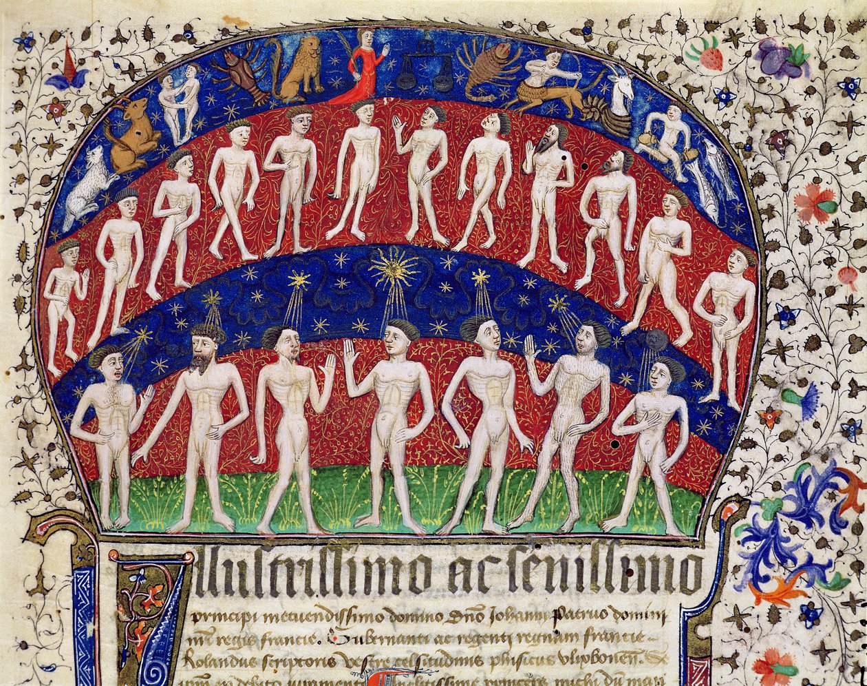 Fol.1 Az állatöv jelei és egy csoport férfi, Rolando (vellum) „Fisiognomonia” című művéből alkotó: Portuguese School