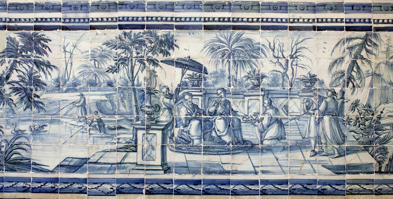 Gyümölcskóstoló egy ázsiai tó közelében - Azulejos, festett fajansz alkotó: Portuguese School