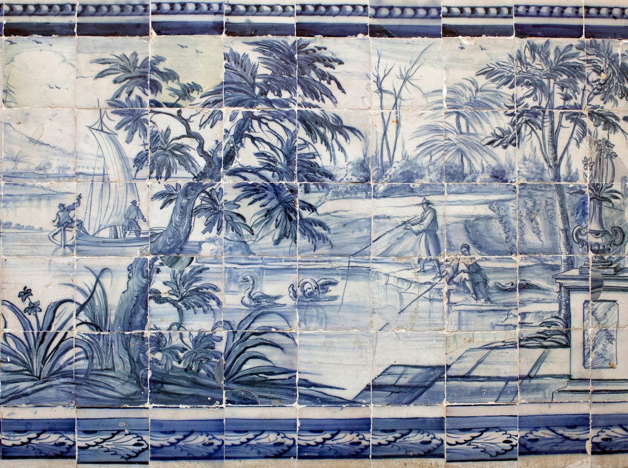 Tóhalászok Ázsiában - Azulejos, festett fajansz alkotó: Portuguese School