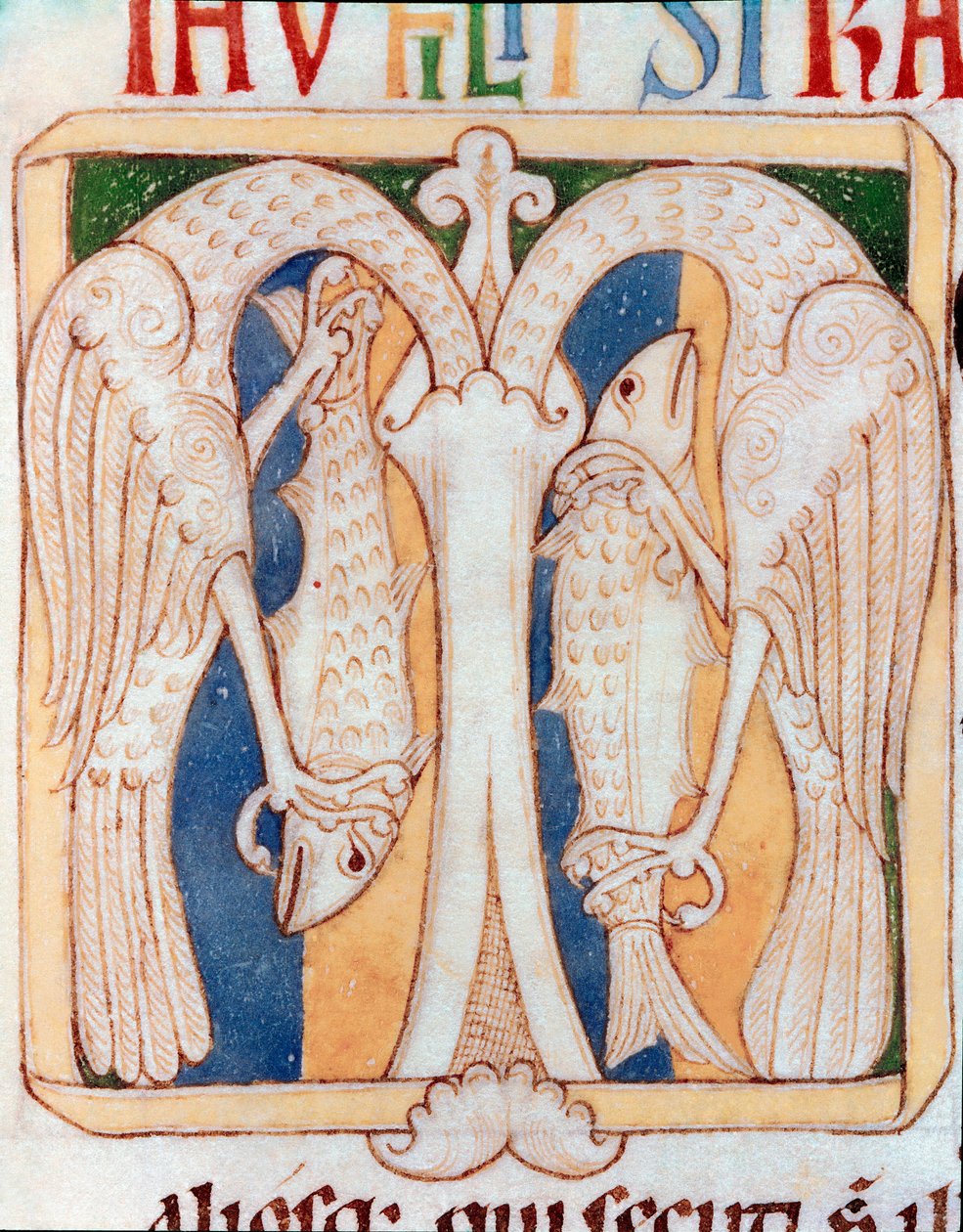 Fejléces decoree gémekből és halakból. Miniatűr a Sancta Cruz de Coimbra „Testamentum Vetus”” kéziratából. 12. század. Porto, városi könyvtár alkotó: Portuguese School