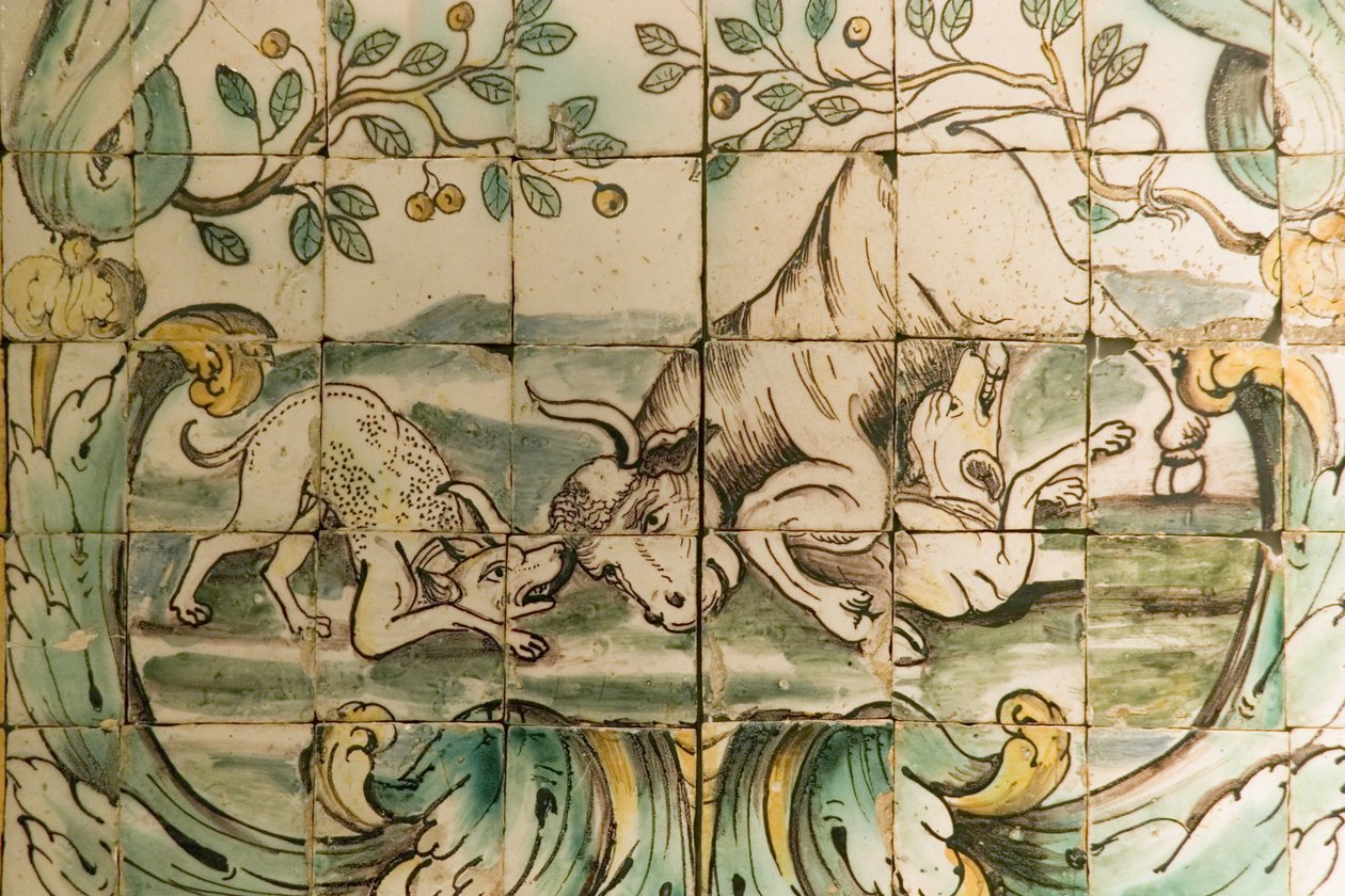 Bikát megtámadó kutyákat ábrázoló majolikacsempék a Belemi Palacio da Praia vadászszobájából, 1680 körül (kerámia) alkotó: Portuguese School