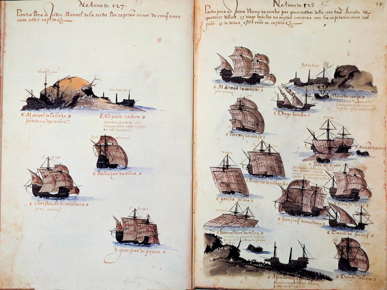 Kéziratos oldal „” Portugália armadáinak emlékei I. Mánuel király alatt (1469-1521)””, amely a portugál flottákat képviseli. 1523 B.N. Párizs alkotó: Portuguese School