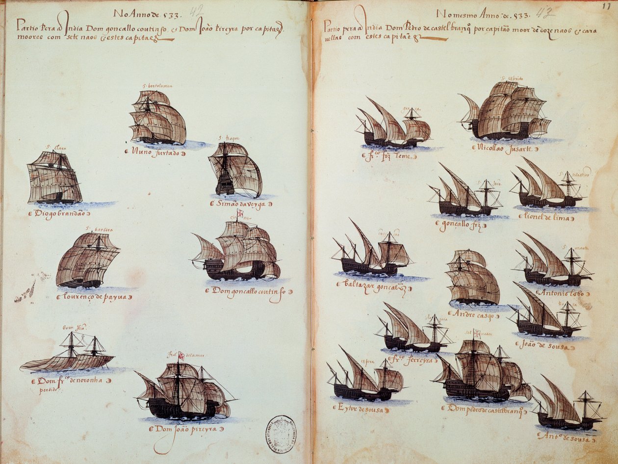 Kéziratos oldal „” Portugália armadáinak emlékműve I. Mánuel király (1469-1521)” alatt, amely a portugál flottákat ábrázolja alkotó: Portuguese School