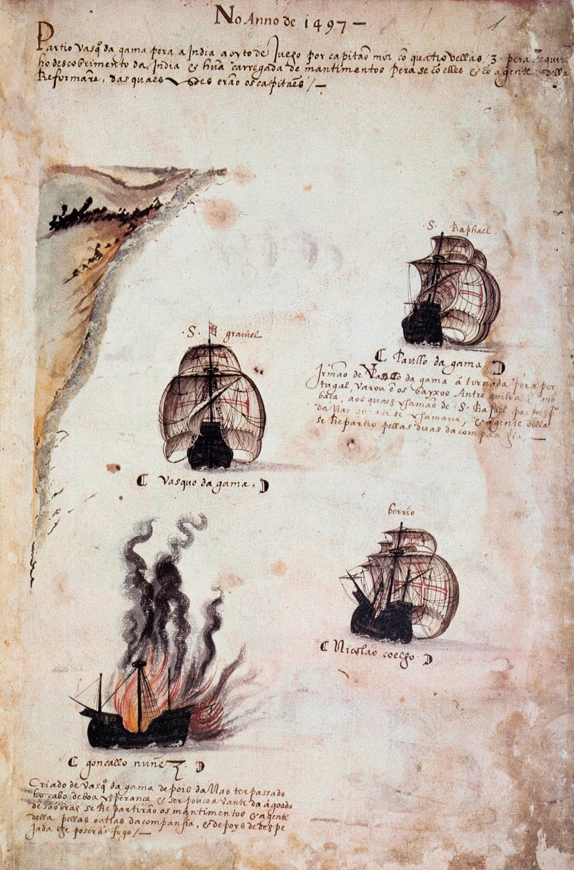 Kéziratos oldal „” Emlékművek Portugália armadáiról I. Mánuel király (1469-1521)” alatt, amely az 1497. évi portugál flottákat ábrázolja. 1523 B.N. Párizs alkotó: Portuguese School