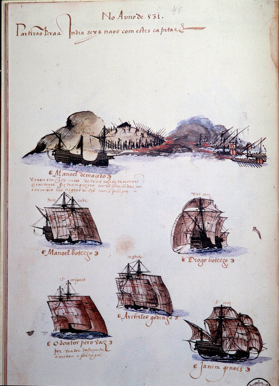 Kéziratos oldal „Emlékek Portugália armadáiról I. Mánuel király (1469-1521)” alatt, amely az 1497-es portugál flottákat képviseli. 1500 Lisszabon, Nemzeti Ókori Művészeti Múzeum alkotó: Portuguese School
