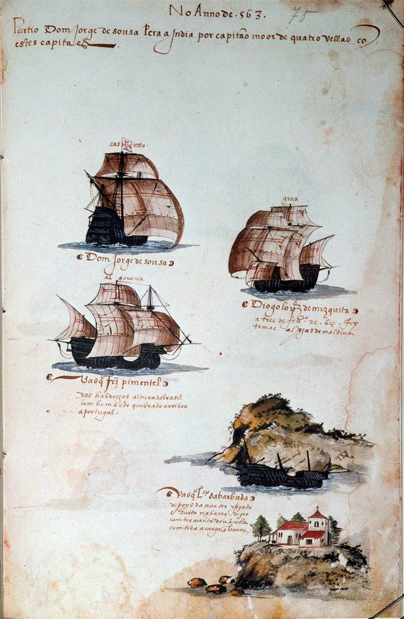 Kéziratos oldal „Emlékek Portugália armadáiról I. Mánuel király (1469-1521)” alatt, amely az 1497-es portugál flottákat képviseli. 1500 Lisszabon, Nemzeti Ókori Művészeti Múzeum alkotó: Portuguese School