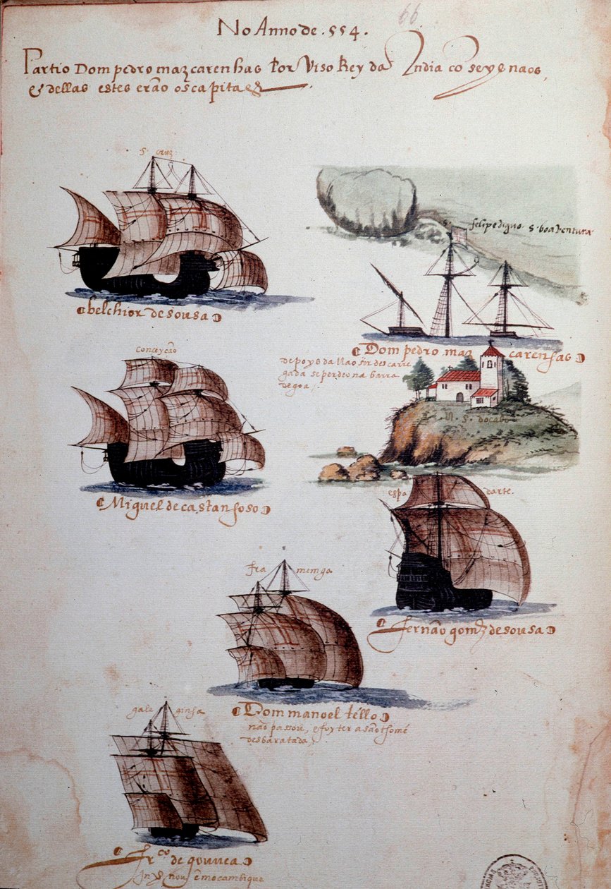 Kéziratos oldal „Emlékek Portugália armadáiról I. Mánuel király (1469-1521)” alatt, amely az 1497-es portugál flottákat képviseli. 1500 Lisszabon, Nemzeti Ókori Művészeti Múzeum alkotó: Portuguese School