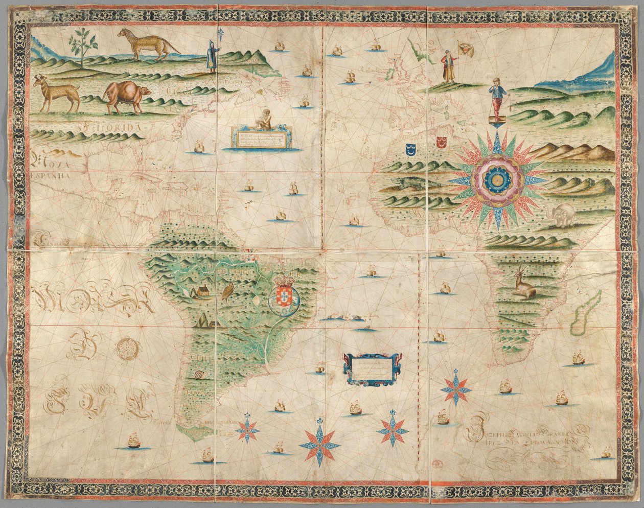 Nyugat-Európa, Afrika és Amerika térképe hegyek, állatok stb. rajzaival. Joseph da Costa e Miranda alkotó: Portuguese School
