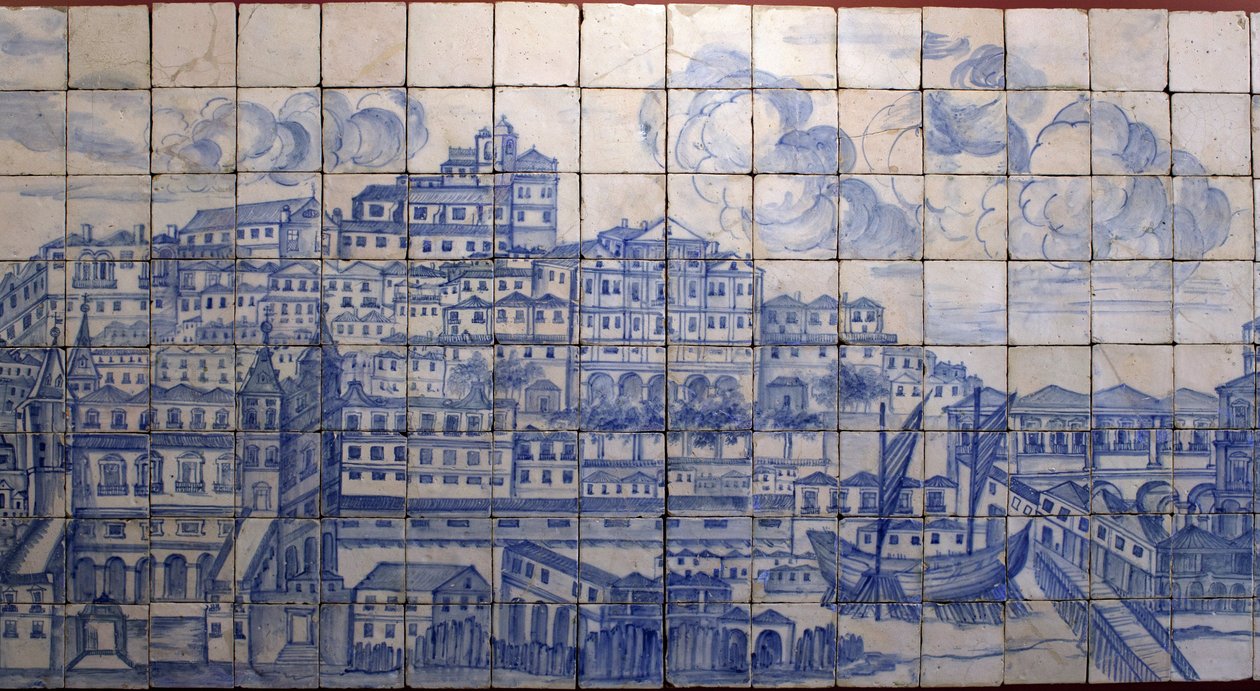 Panorámás kilátás Lisszabonra, az 1755-ös földrengés előtt - Azulejos 18. század eleje, tábla figyelmeztetés a lisszaboni Tentugal grófok egykori palotájára (Nagy lisszaboni panoráma az 1755-ös földrengés előtt, fajansz 18. század eleje, ősi palota alkotó: Portuguese School