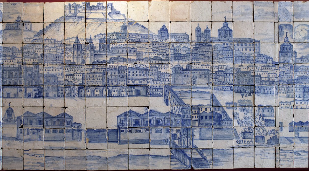 Panorámás kilátás Lisszabonra, az 1755-ös földrengés előtt - Azulejos 18. század eleje, tábla figyelmeztetés a lisszaboni Tentugal grófok egykori palotájára (Nagy lisszaboni panoráma az 1755-ös földrengés előtt, fajansz 18. század eleje, ősi palota alkotó: Portuguese School