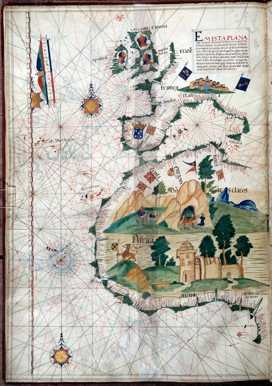 Afrika nyugati partjának portulánja a Kanári-szigetekkel. A portugál Luis Lazare földrajzi térképe (16. század) alkotó: Portuguese School