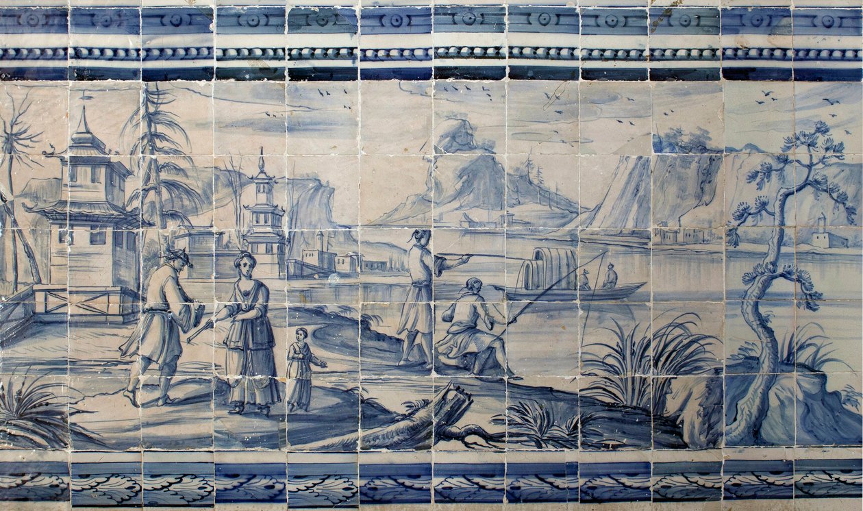 Jelenet egy tó partján Ázsiában - Azulejos, festett fajansz alkotó: Portuguese School