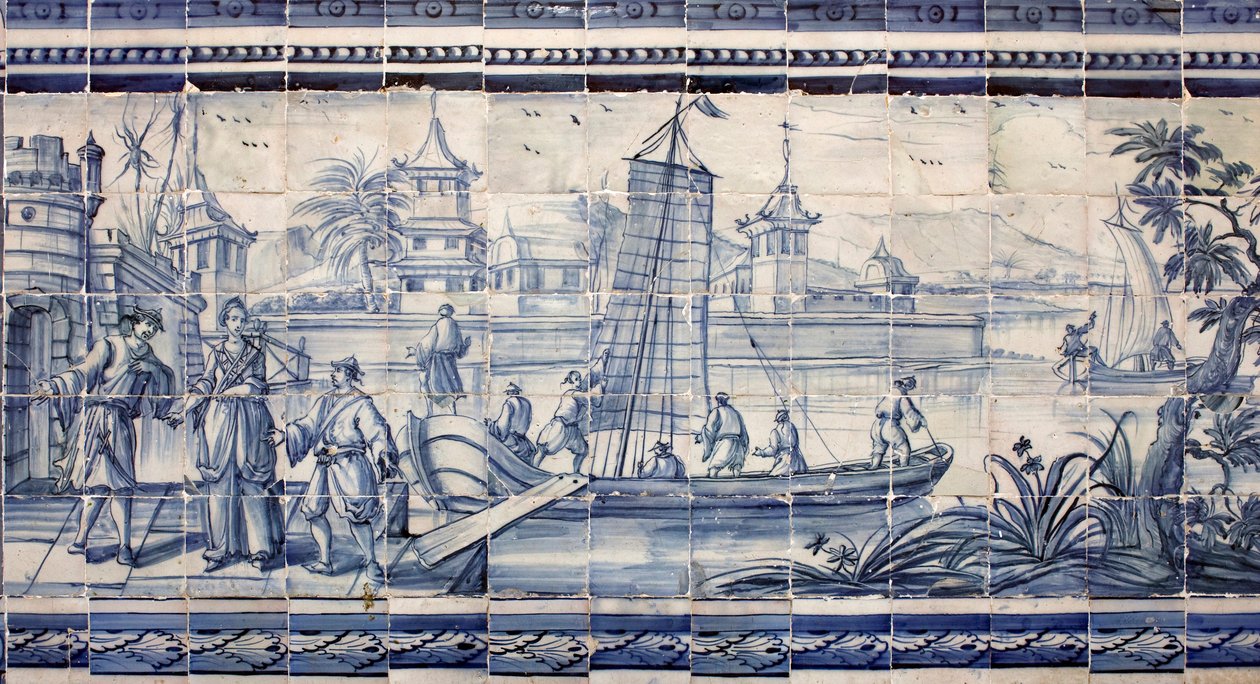 Jelenet egy folyó partján Ázsiában – Azulejos, festett fajansz alkotó: Portuguese School