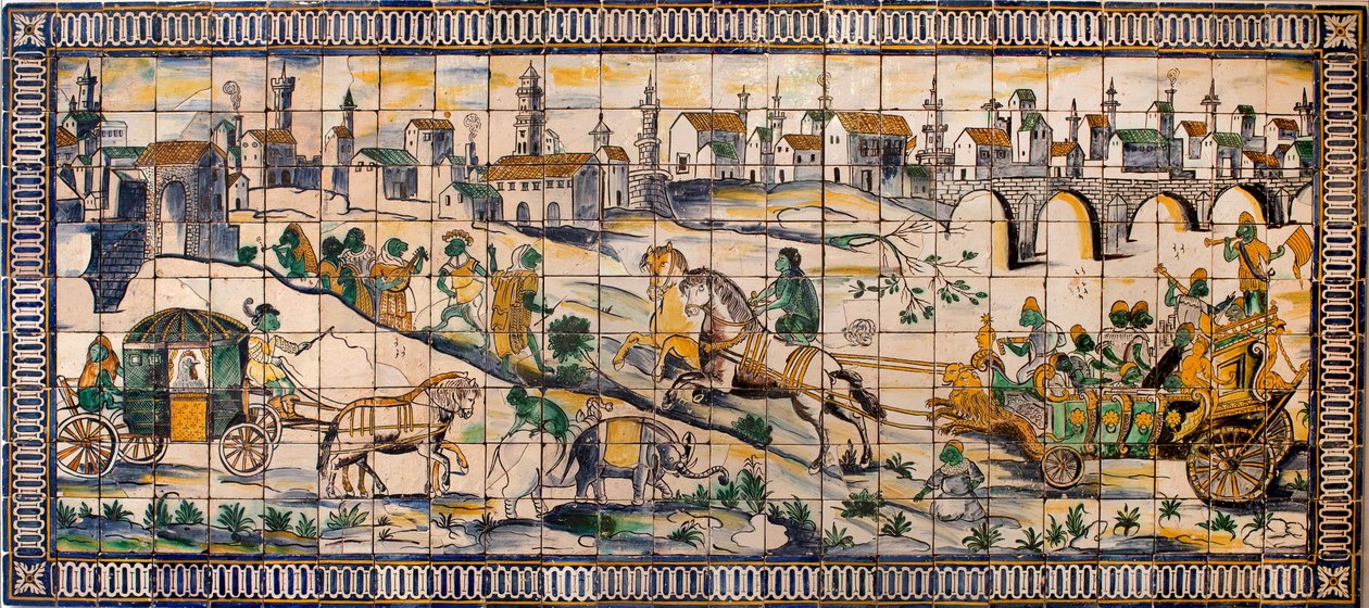 Singerie, a tyúkok házassága - Csempepanel, 1665 körül, Cadriceira régi farmjáról, Turcifalból, Torres Vedrasból (Portugália) (A csirke esküvője, Csempepanel, 1665 körül) - Musee national des azulejos, Lisszabon (Portugália) alkotó: Portuguese School