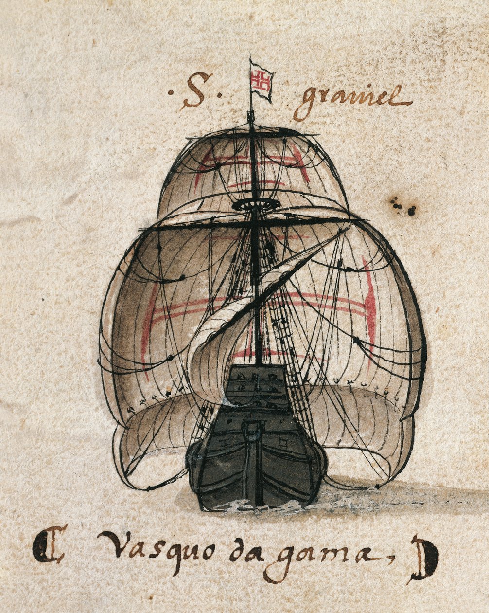 Vasco da Gama karavellája, illusztráció a „Memorias das Armadas...”-ból, 1568 körül (akvarell, papír) alkotó: Portuguese School