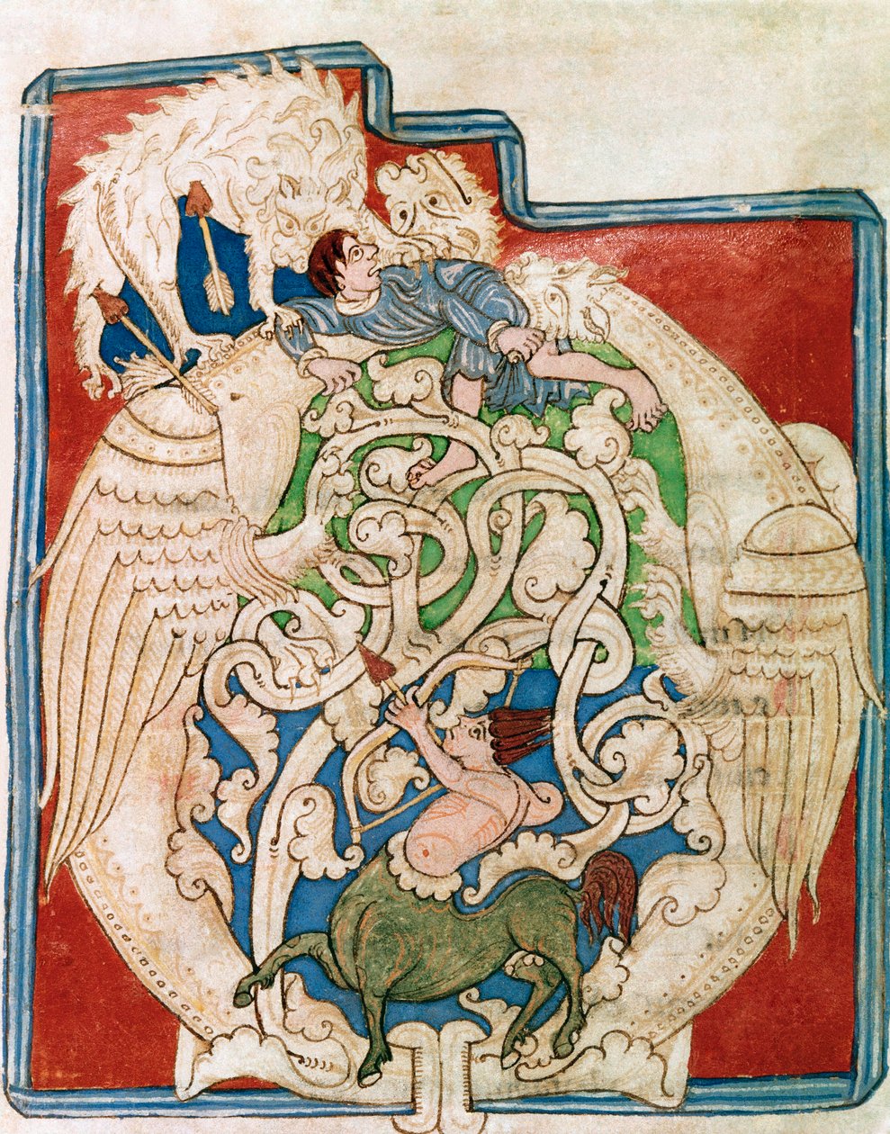 O becsomagolása egy vadászó kentaur ábrázolásával. Miniatűr „Az Ószövetségből” (Testamentum vetus) a Sancta Cruz de Coimbrából. 12. század. Porto, Városi Könyvtár alkotó: Portuguese School