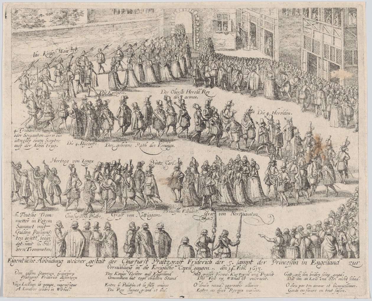 Házassági körmenet Stuart Erzsébetnek, I. Jakab lányának és..., 1613 vagy azután. alkotó: Possibly by Abraham Hogenberg.